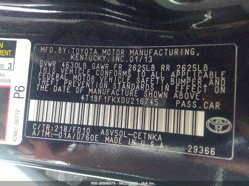 2013 TOYOTA CAMRY L/SE/LE/XLE - 4T1BF1FKXDU216745