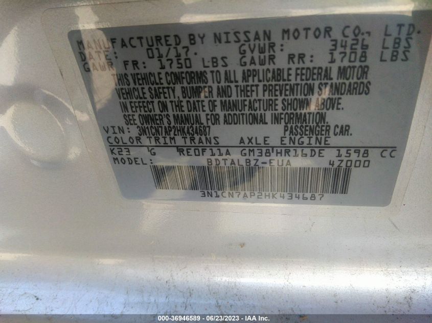 2017 NISSAN VERSA SEDAN SV - 3N1CN7AP2HK434687