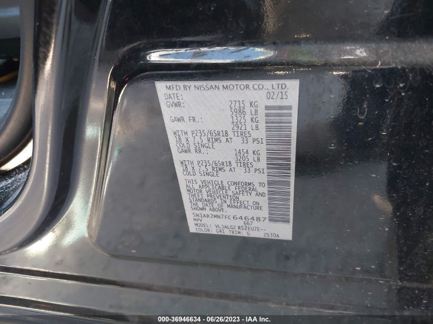 2015 NISSAN PATHFINDER SL - 5N1AR2MN7FC646487