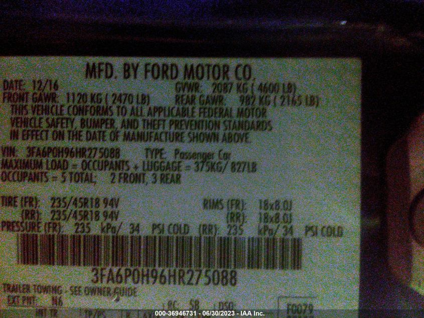 2017 FORD FUSION SE - 3FA6P0H96HR275088