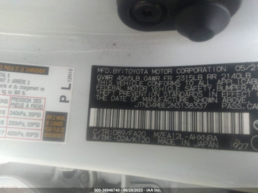 2021 TOYOTA COROLLA HATCHBACK SE JTND4MBE2M3138337