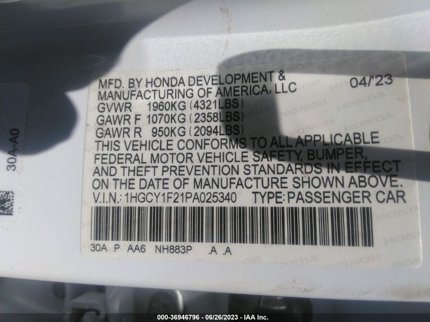 1HGCY1F21PA025340 Honda Accord Sedan LX 9