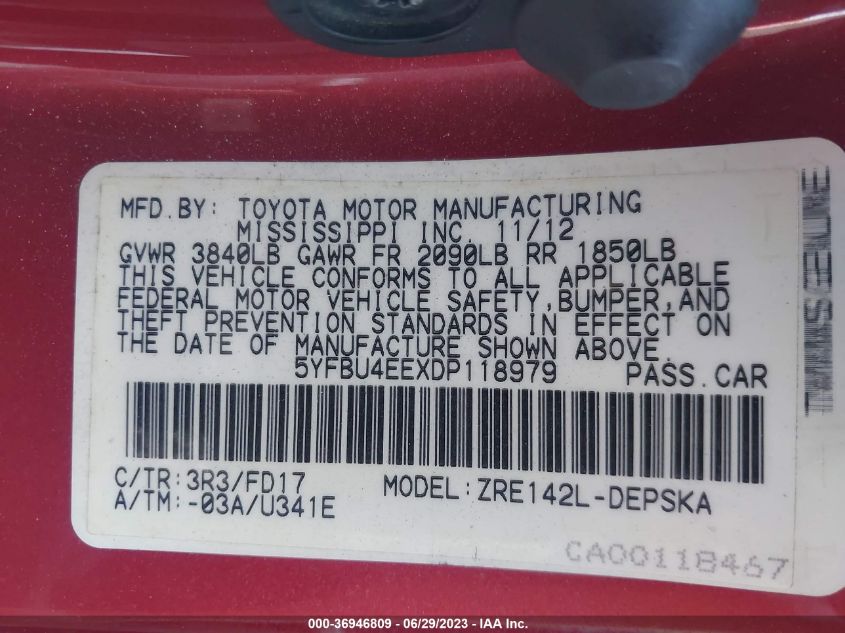 2013 TOYOTA COROLLA S - 5YFBU4EEXDP118979