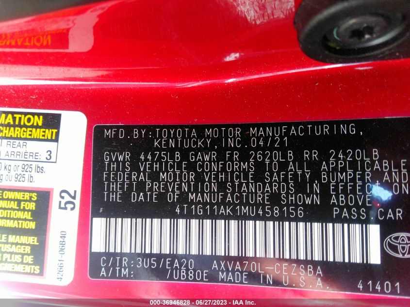 2021 TOYOTA CAMRY SE/SE NIGHT SHADE - 4T1G11AK1MU458156