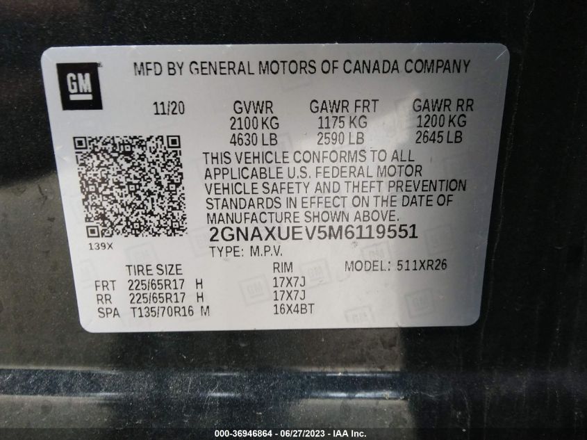 2021 CHEVROLET EQUINOX LT - 2GNAXUEV5M6119551