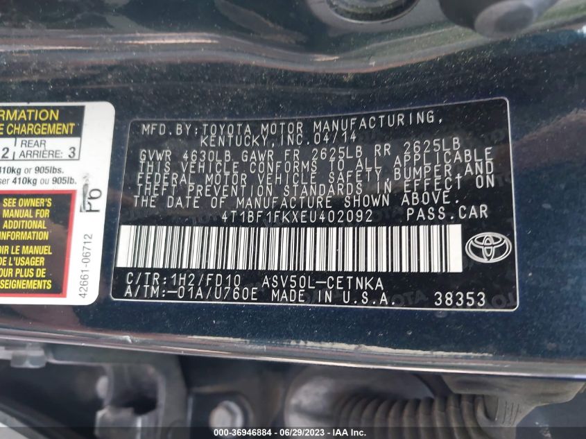 2014 TOYOTA CAMRY L/LE/XLE/SE/SE SPORT 4T1BF1FKXEU402092