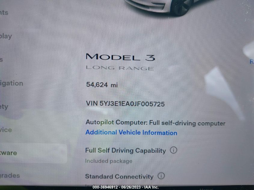 2018 TESLA MODEL 3 RANGE BATTERY - 5YJ3E1EA0JF005725