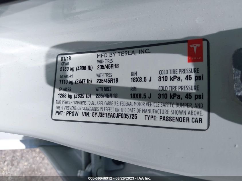 2018 TESLA MODEL 3 RANGE BATTERY - 5YJ3E1EA0JF005725
