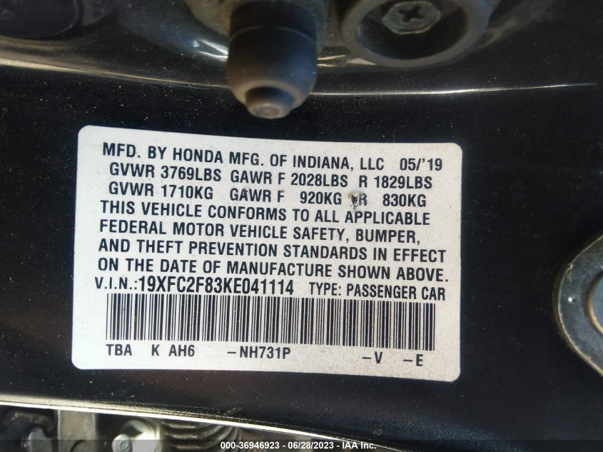 2019 HONDA CIVIC SEDAN SPORT - 19XFC2F83KE041114