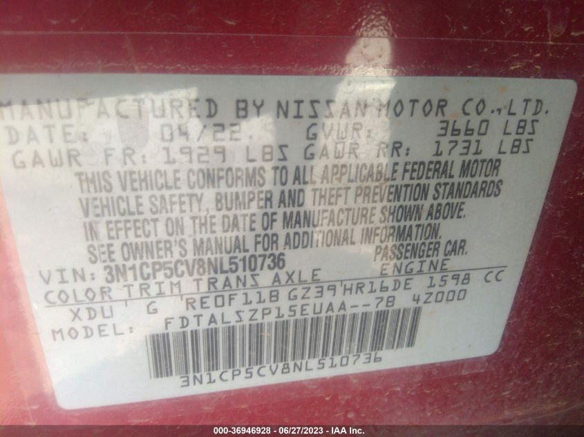 2022 NISSAN KICKS SV - 3N1CP5CV8NL510736
