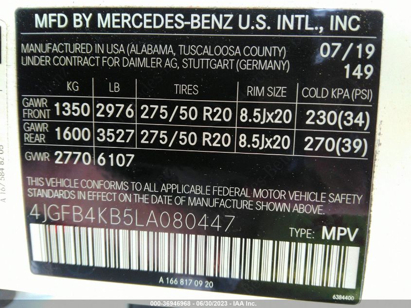 2020 MERCEDES-BENZ GLE 350 4JGFB4KB5LA080447