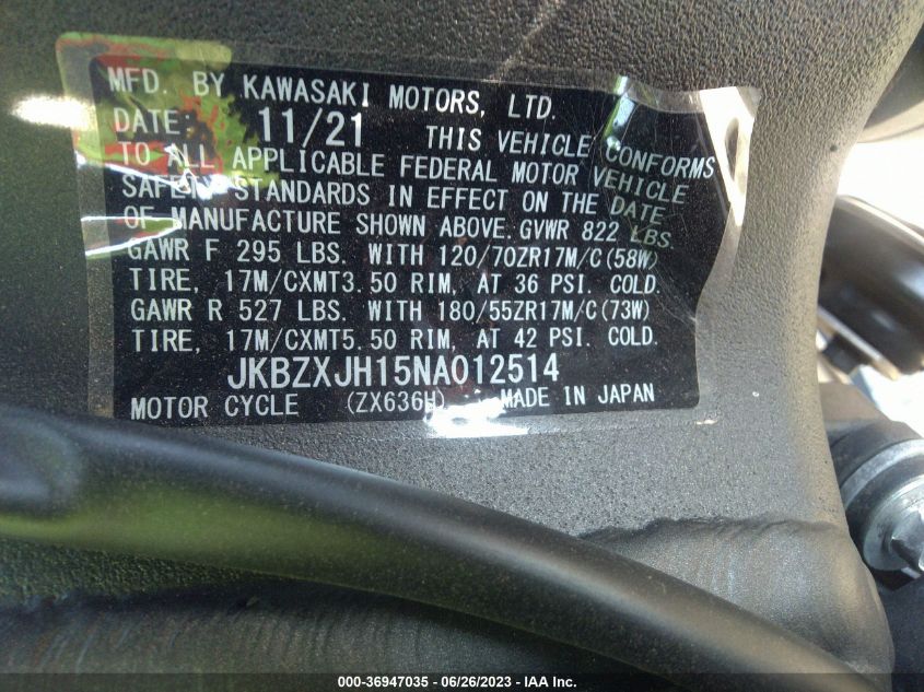 2022 KAWASAKI ZX636 K JKBZXJH15NA012514