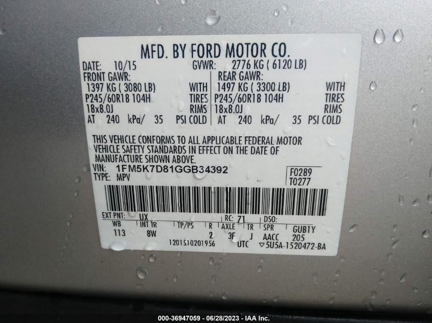 2016 FORD EXPLORER XLT - 1FM5K7D81GGB34392
