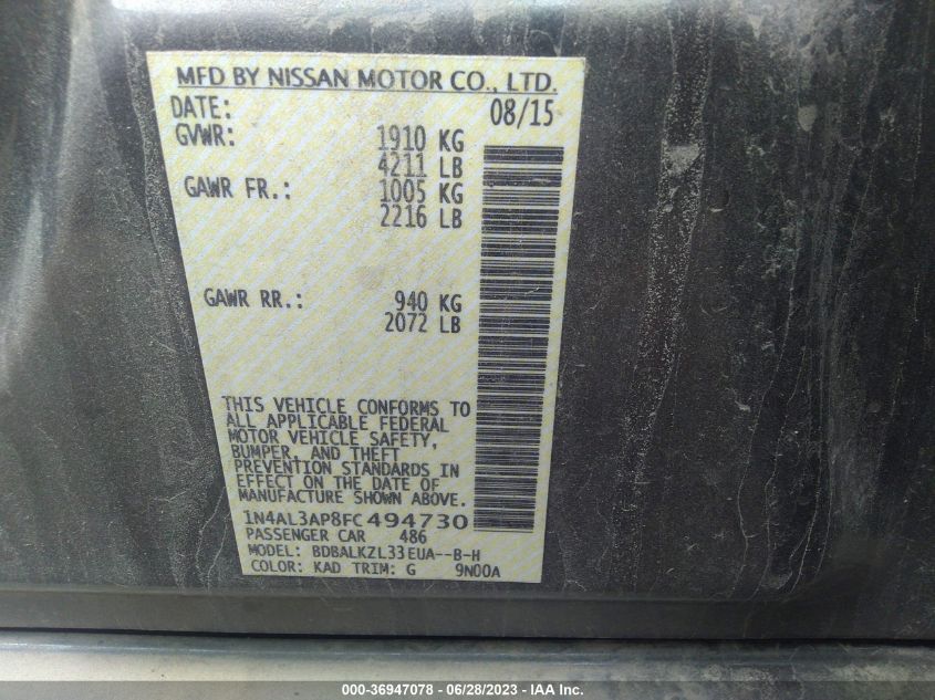 2015 NISSAN ALTIMA 2.5 SV - 1N4AL3AP8FC494730
