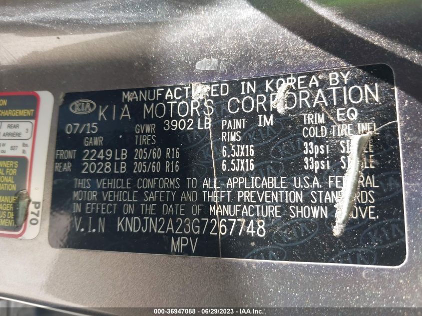 2016 KIA SOUL BASE - KNDJN2A23G7267748