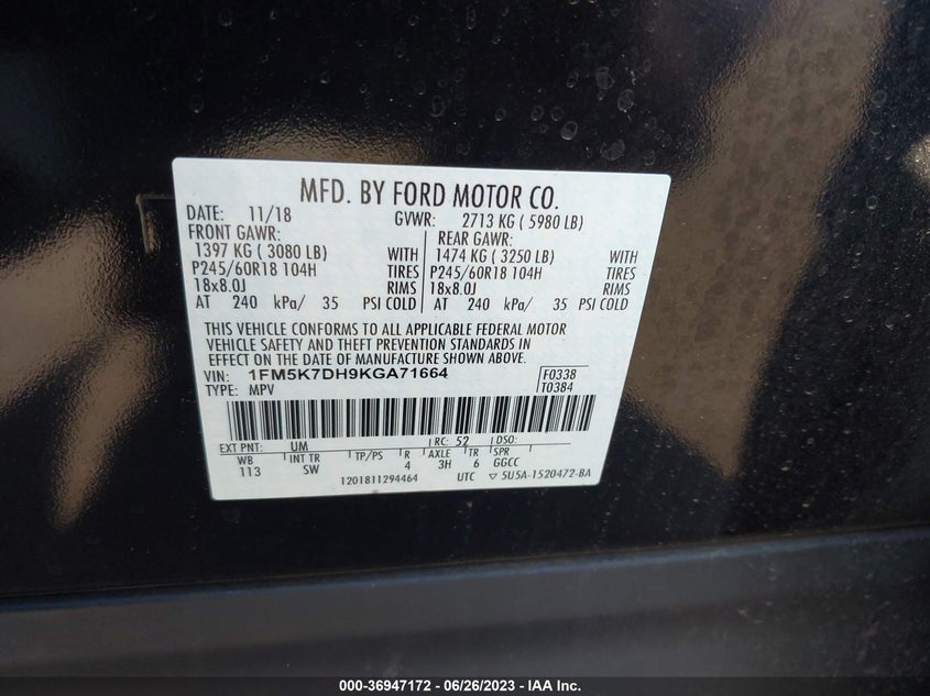 VIN 1FM5K7DH9KGA71664 2019 FORD EXPLORER XLT