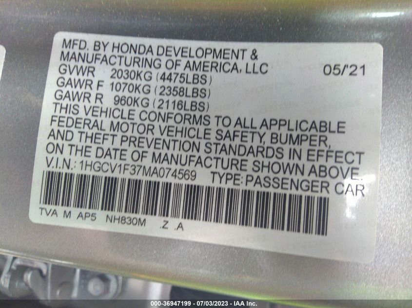 2021 HONDA ACCORD SEDAN SPORT - 1HGCV1F37MA074569