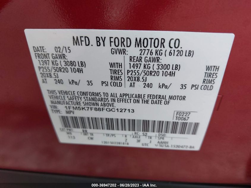 2015 FORD EXPLORER LIMITED - 1FM5K7F88FGC12713