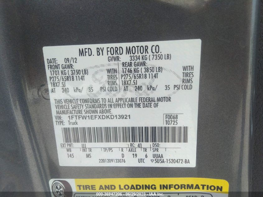 2013 FORD F-150 XL/XLT/FX4/LARIAT - 1FTFW1EFXDKD13921