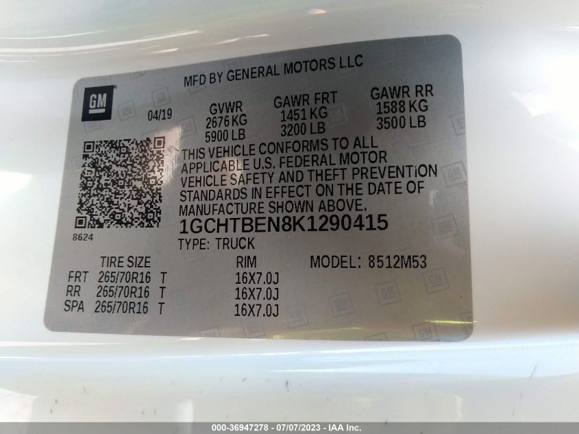 2019 CHEVROLET COLORADO 4WD WORK TRUCK - 1GCHTBEN8K1290415