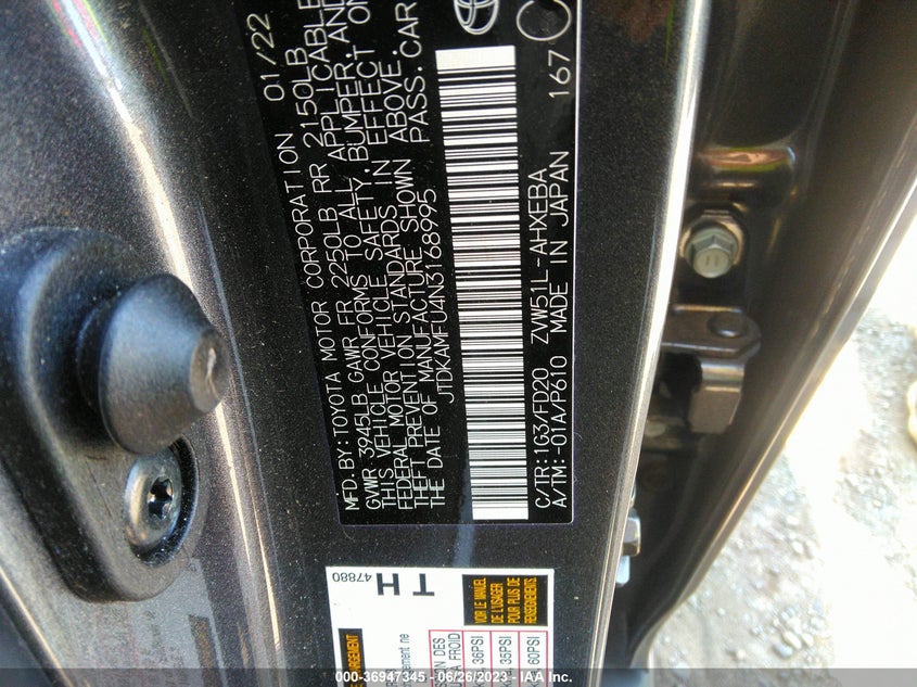 VIN JTDKAMFU4N3168995 2022 TOYOTA PRIUS L