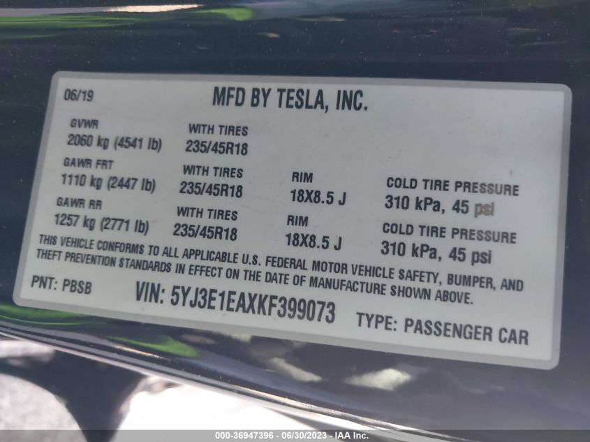2019 TESLA MODEL 3 RANGE - 5YJ3E1EAXKF399073