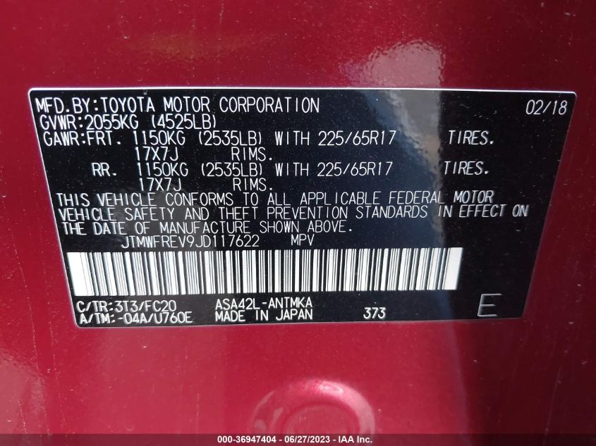 2018 TOYOTA RAV4 XLE/ADVENTURE - JTMWFREV9JD117622