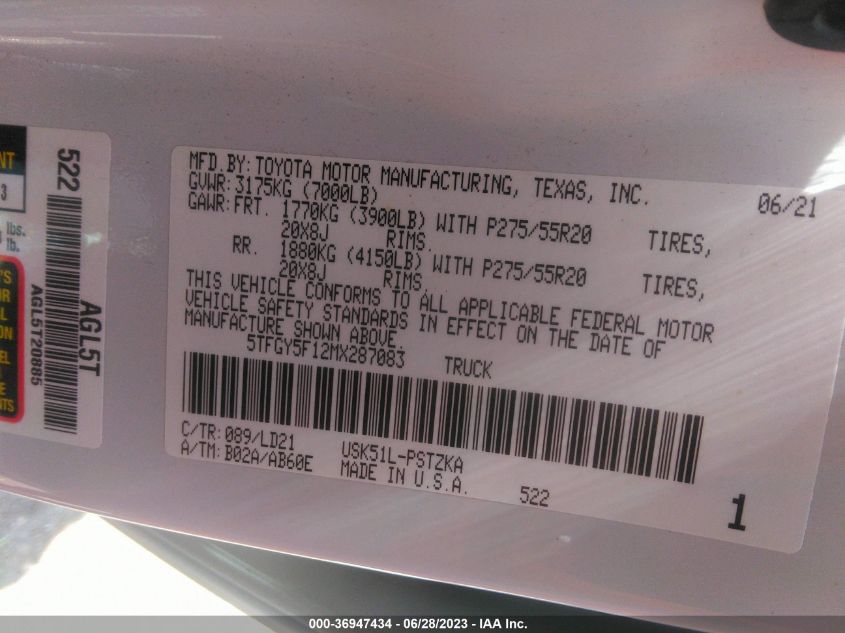 2021 TOYOTA TUNDRA 2WD PLATINUM/1794 EDITION - 5TFGY5F12MX287083