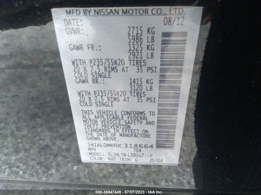 2013 INFINITI JX - 5N1AL0MM4DC318664