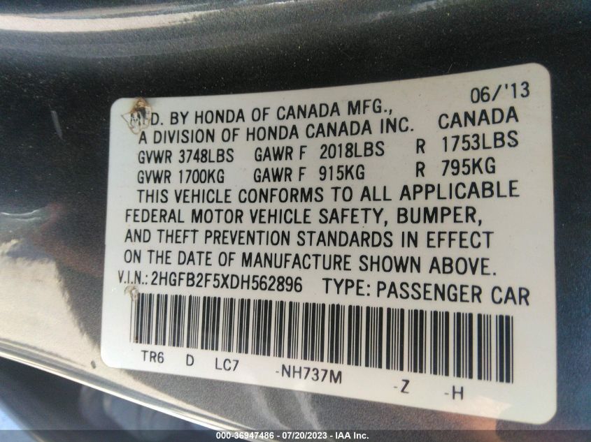 2013 HONDA CIVIC SDN LX - 2HGFB2F5XDH562896