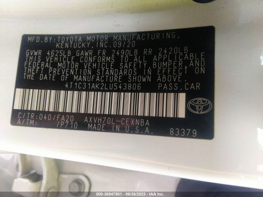 2020 TOYOTA CAMRY HYBRID LE - 4T1C31AK2LU543806