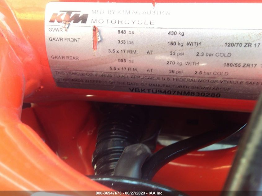2022 KTM 890 DUKE R VBKTU9407NM830280