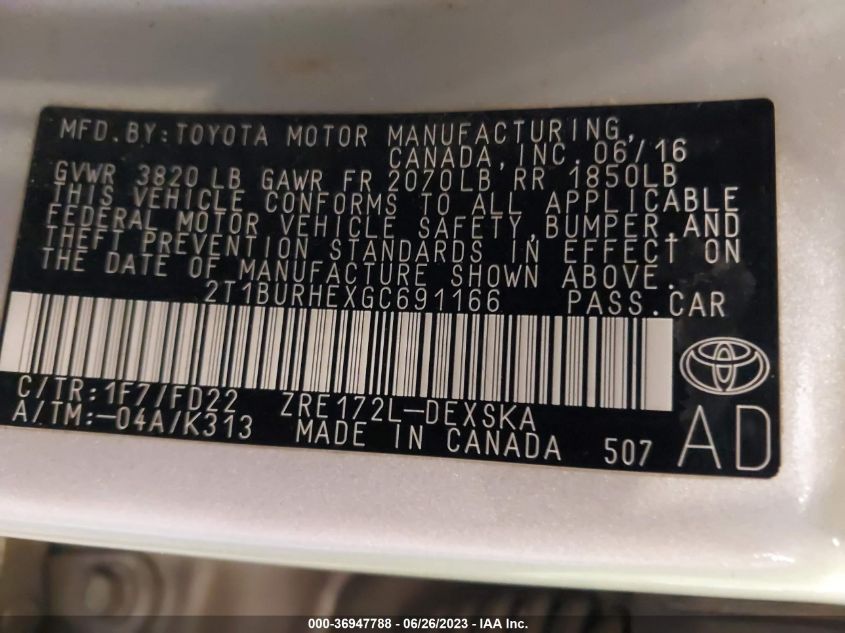 2016 TOYOTA COROLLA L/LE/S/S PLUS/LE PLUS - 2T1BURHEXGC691166