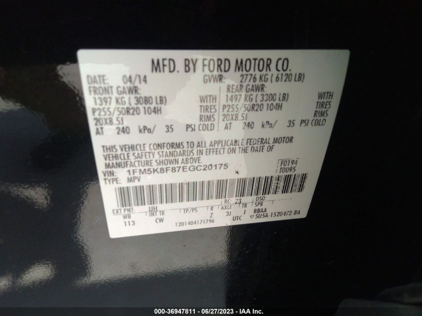 2014 FORD EXPLORER LIMITED - 1FM5K8F87EGC20175