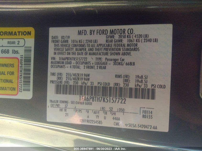 2019 FORD MUSTANG ECOBOOST - 1FA6P8TH7K5157722