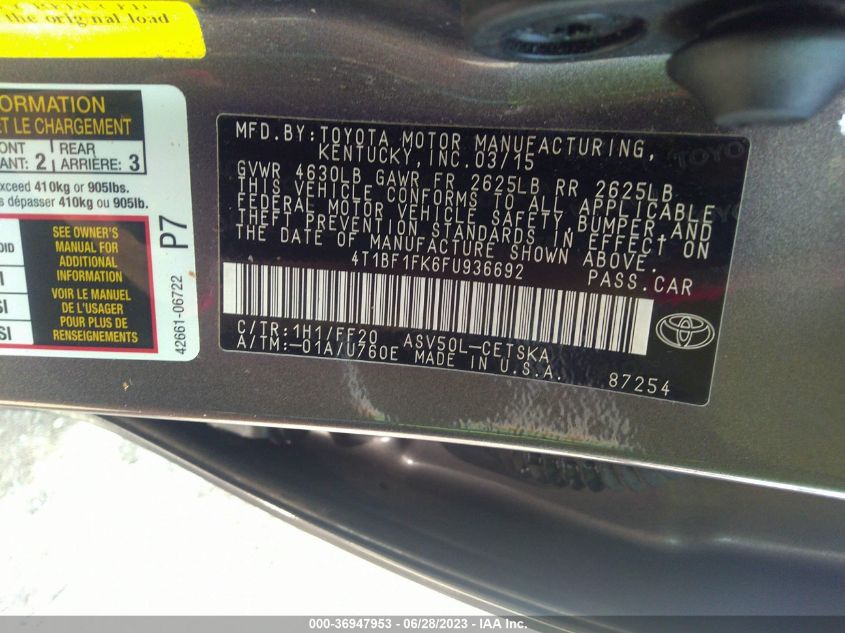 2015 TOYOTA CAMRY XLE/SE/LE/XSE - 4T1BF1FK6FU936692