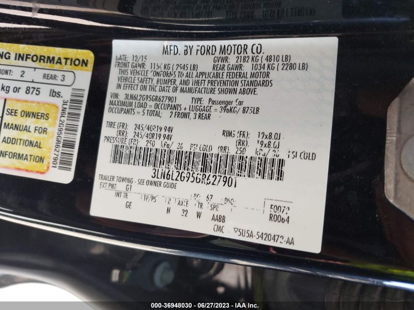 2016 LINCOLN MKZ - 3LN6L2G95GR627901