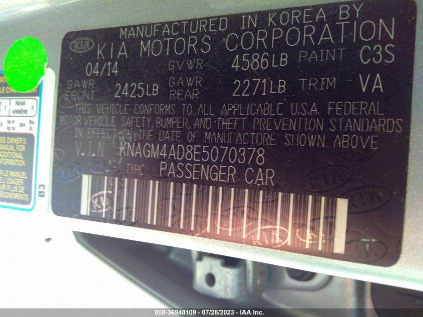 2014 KIA OPTIMA HYBRID LX - KNAGM4AD8E5070378
