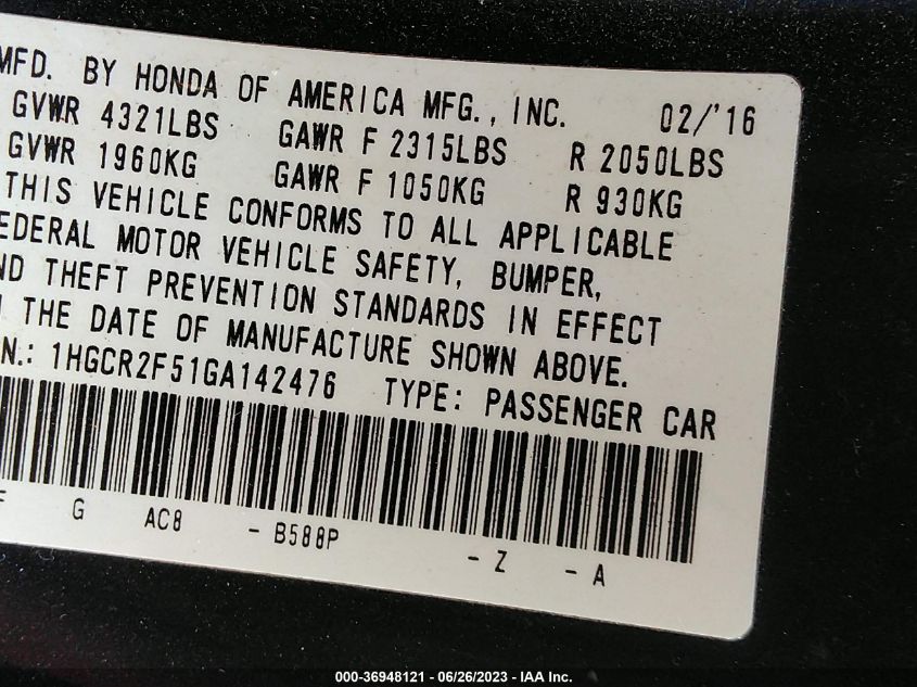 2016 HONDA ACCORD SEDAN SPORT - 1HGCR2F51GA142476