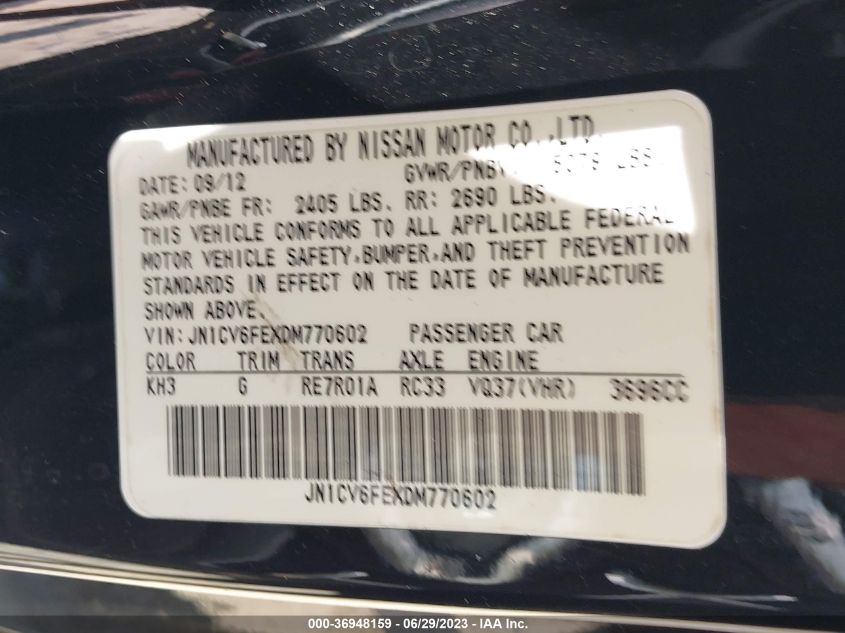 2013 INFINITI G37 CONVERTIBLE BASE - JN1CV6FEXDM770602