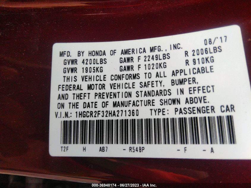 2017 HONDA ACCORD SEDAN LX - 1HGCR2F32HA271360