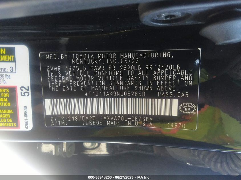 2022 TOYOTA CAMRY SE - 4T1G11AK9NU052658