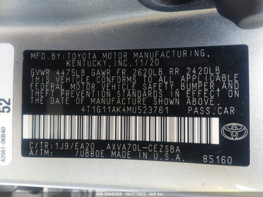 2021 TOYOTA CAMRY SE - 4T1G11AK4MU523761