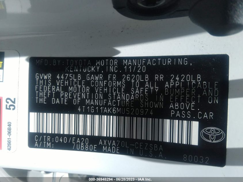 2021 TOYOTA CAMRY SE - 4T1G11AK6MU520974