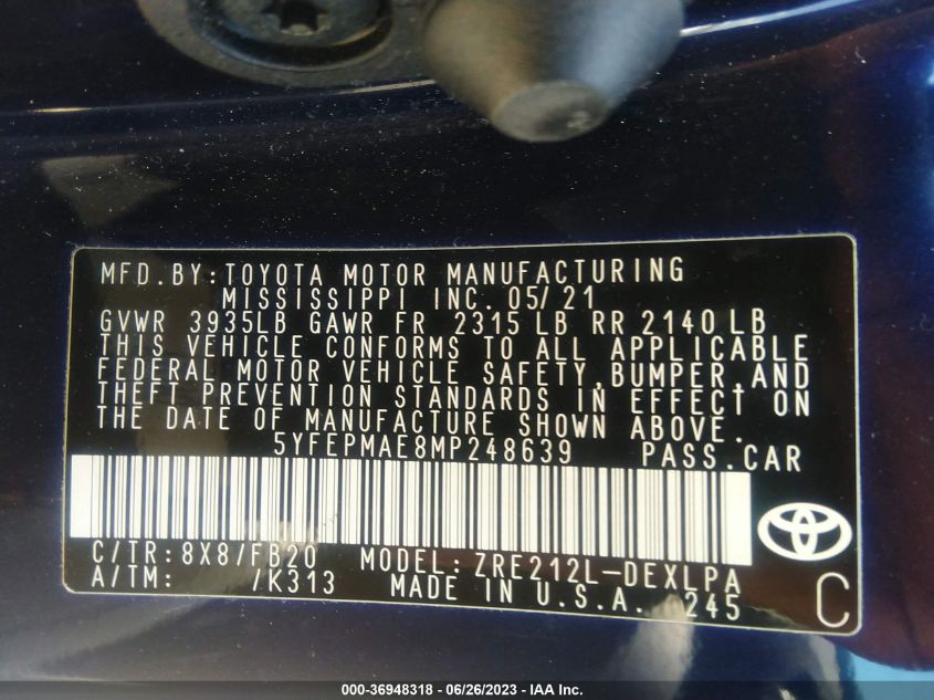 2021 TOYOTA COROLLA LE - 5YFEPMAE8MP248639