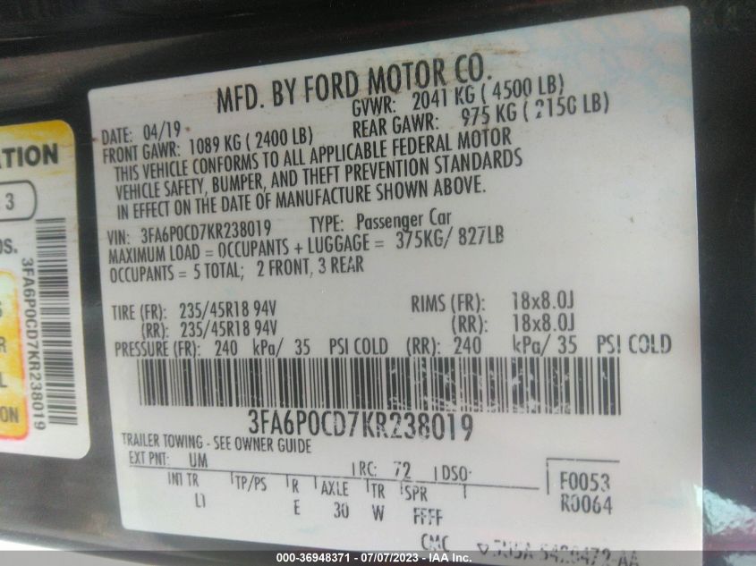 3FA6P0CD7KR238019 Ford Fusion SEL 9