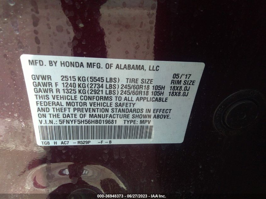2017 HONDA PILOT EX-L - 5FNYF5H56HB019681