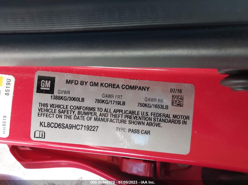 2017 CHEVROLET SPARK LT - KL8CD6SA9HC719227