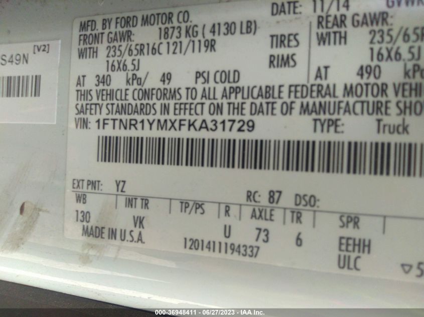 2015 FORD TRANSIT CARGO VAN - 1FTNR1YMXFKA31729