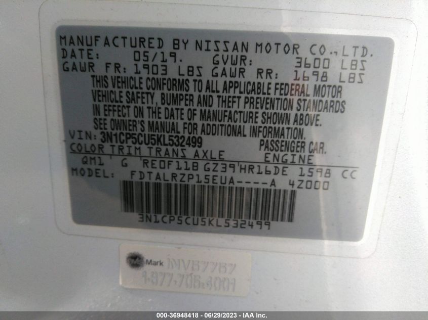 2019 NISSAN KICKS S - 3N1CP5CU5KL532499